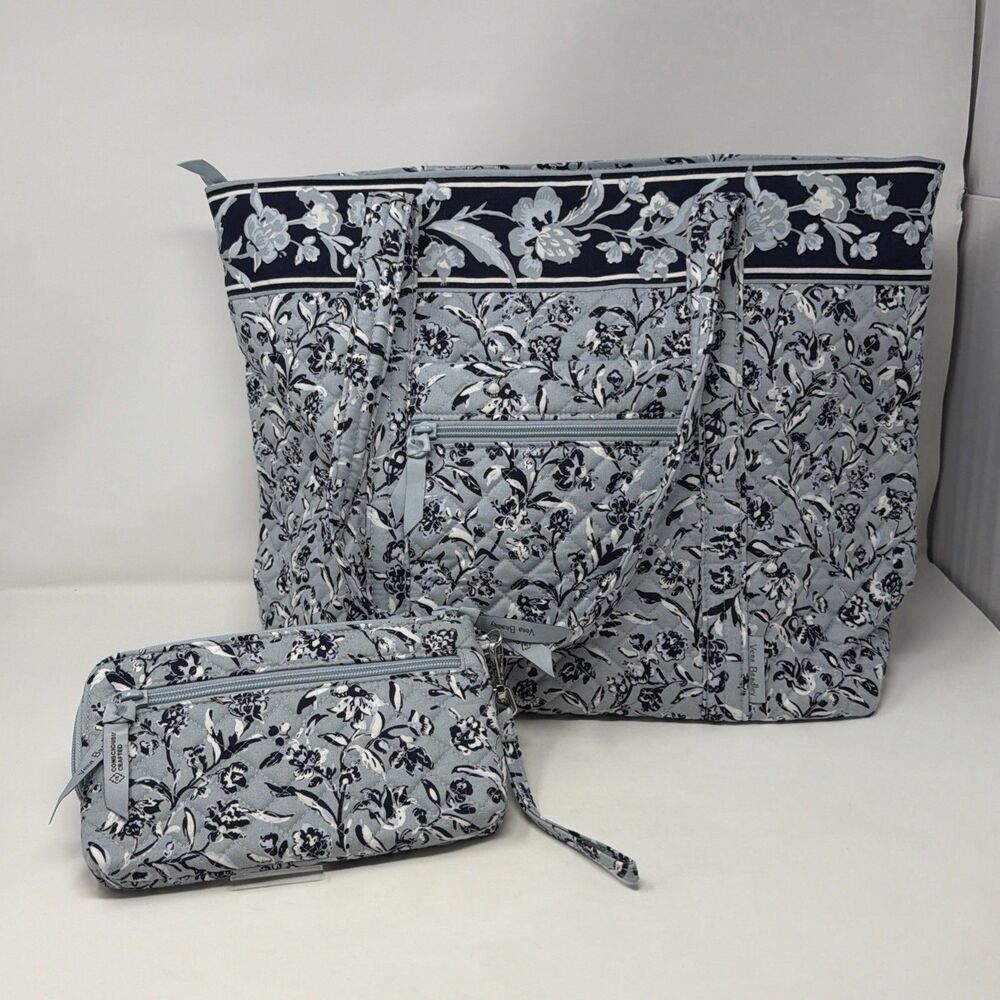 Vera Bradley Perennials Gray Tote Bag & RFID Wristlet Wallet 2 Pc Lot NWOT